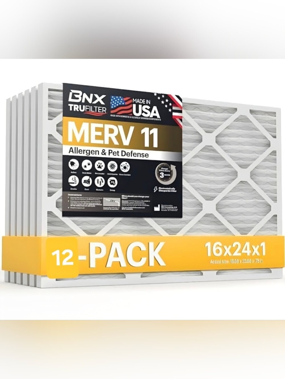 BNX TruFilter 16x24x1 Air Filter MERV 11 (12-Pack) - MADE IN USA -